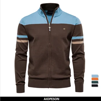 2023 Nuovo Autunno e Inverno 100% Cotone Mens Cardigan con Cerniera Casual Patchwork Moda Gioventù Maglioni Lavorati a Maglia per Gli Uomini 1