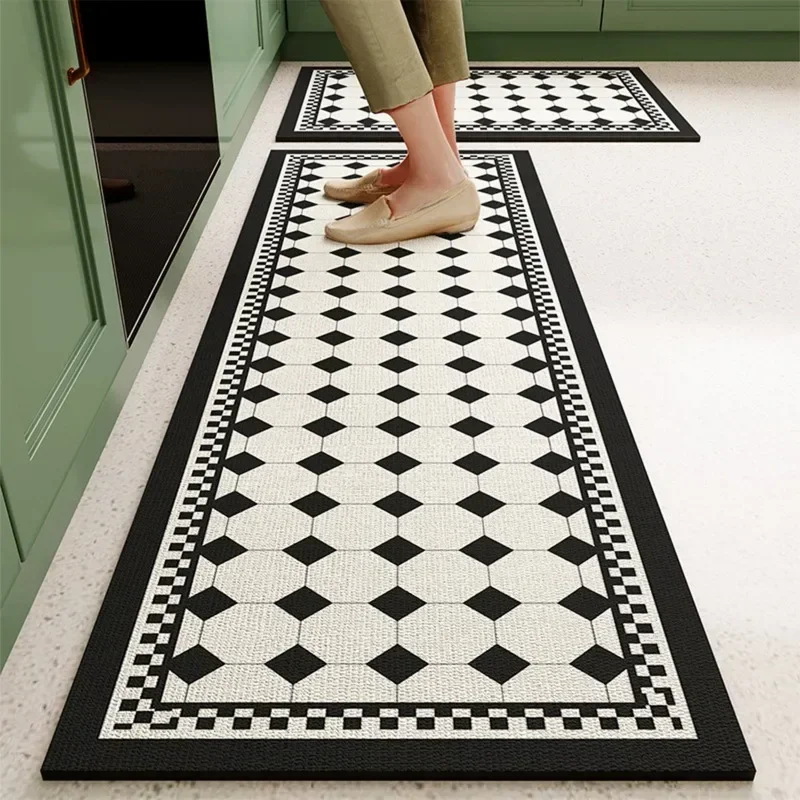 Mat for Kitchen Carpet Waterproof PVC Long Floor Mats Leather Oil Proof Anti-slip Carpets Black White Plaid Home Decoration Rug 3