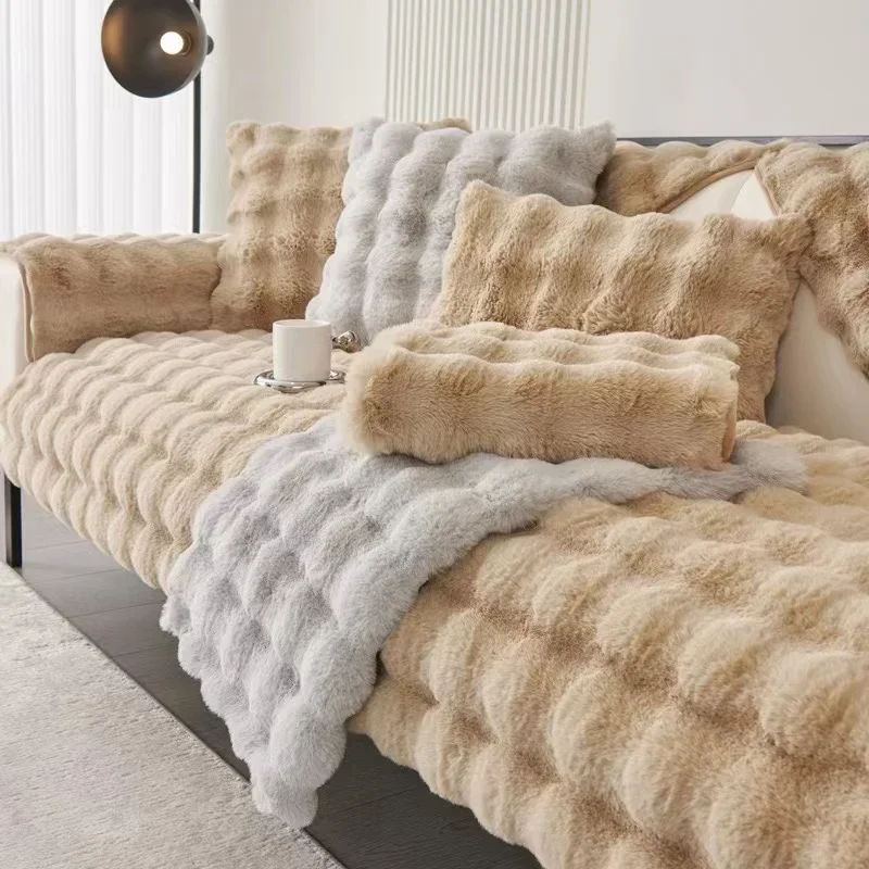 Winter Warm Super Soft Rabbit Plush Sofa Towel Thicken Bubble Velvet Non-slip Sectional Sofa Cover Non-slip L-shaped Couch Cover