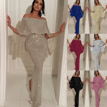 2026 European Style Backless Maxi Dress with Large Puffy Sleeves One Shoulder Wrap Chest Skirt High Slit Evening Gown