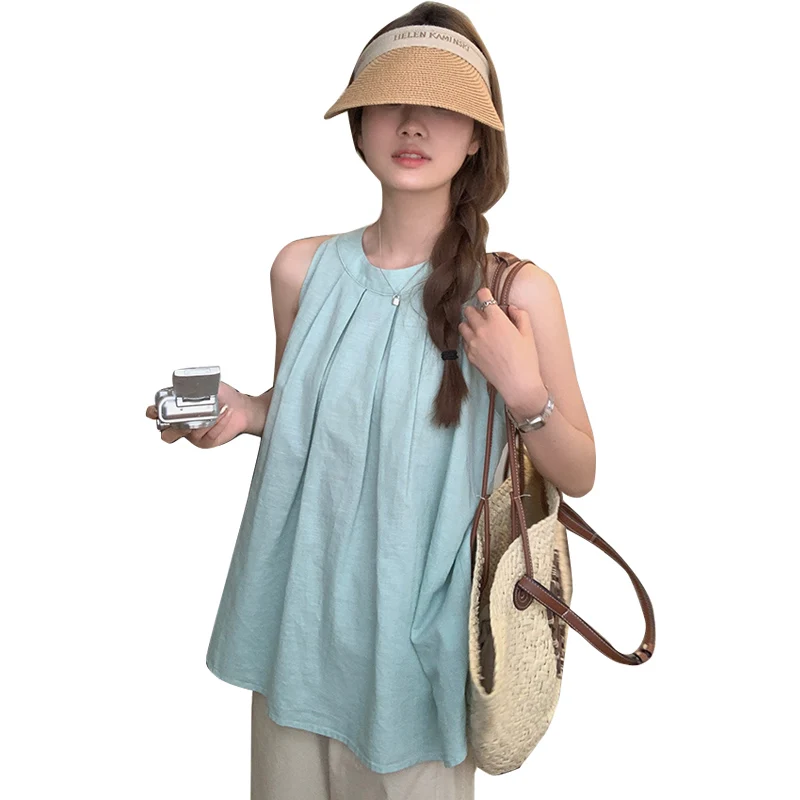 Summer Maternity Clothes Set Sleeveless Pleated Shirts Wide Legs Belly Trousers Twinset Cool Pregnant Women's Pants Suits