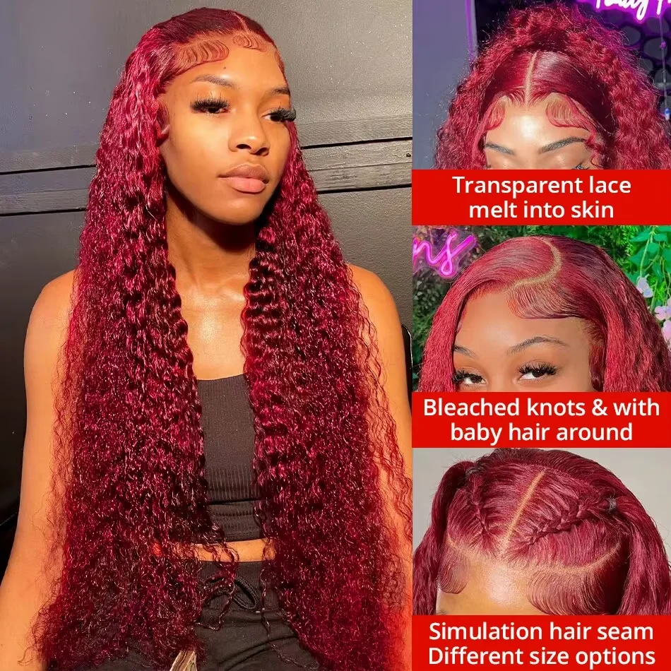 200 Density 13x4 Curly 99J Burgundy Lace Front Wig Red Wine Colored 30 40 Inch Deep Wave 13x6 HD Lace Frontal Human Hair Wigs
