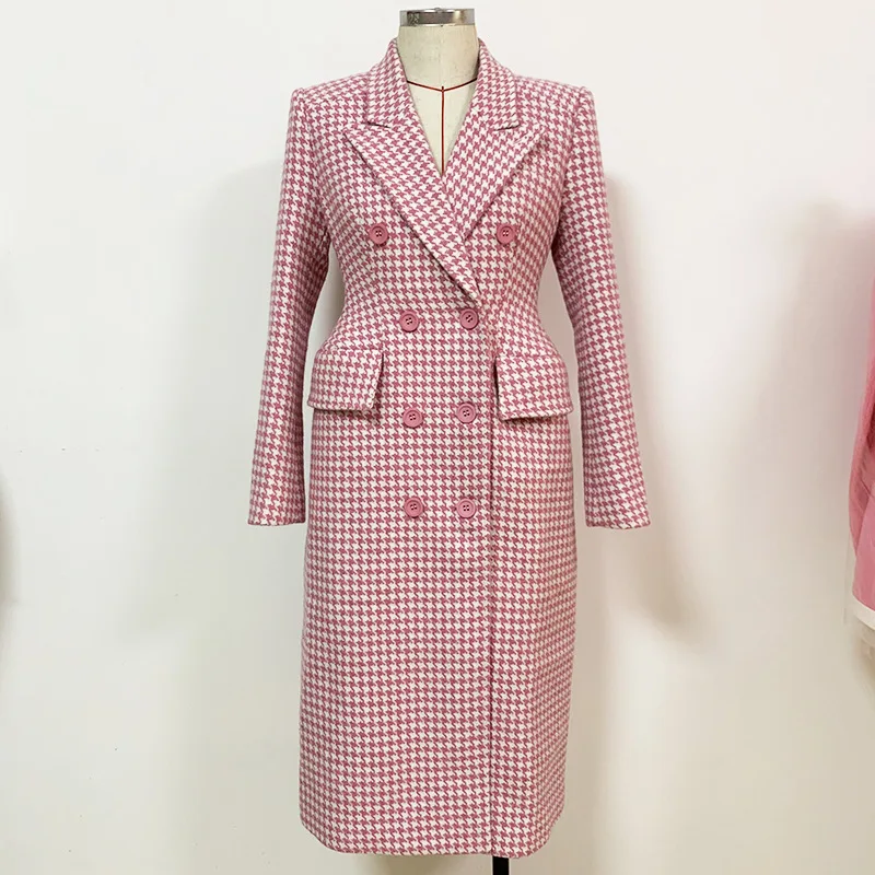 

HIGH STREET Newest Winter 2023 Designer Overcoat Women's Double Breasted Pink Houndstooth Tweed Wool Long Coat