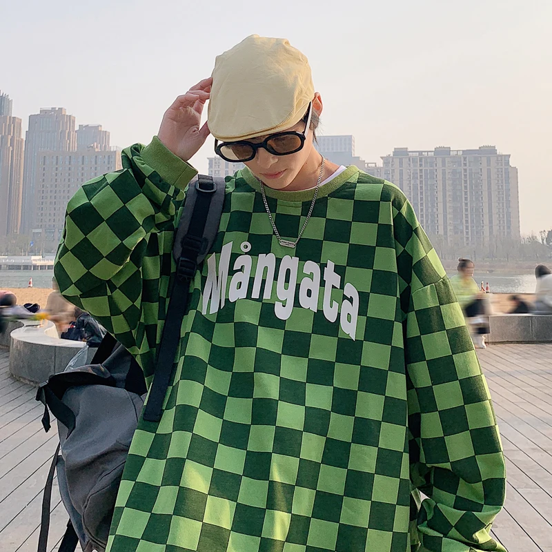 

Privathinker Plaid Graphic Men's Pullover Sweatshirts Cotton O Neck Dropping Shoulder Sweater Harajuku Sweatshirt Y2k Streetwear
