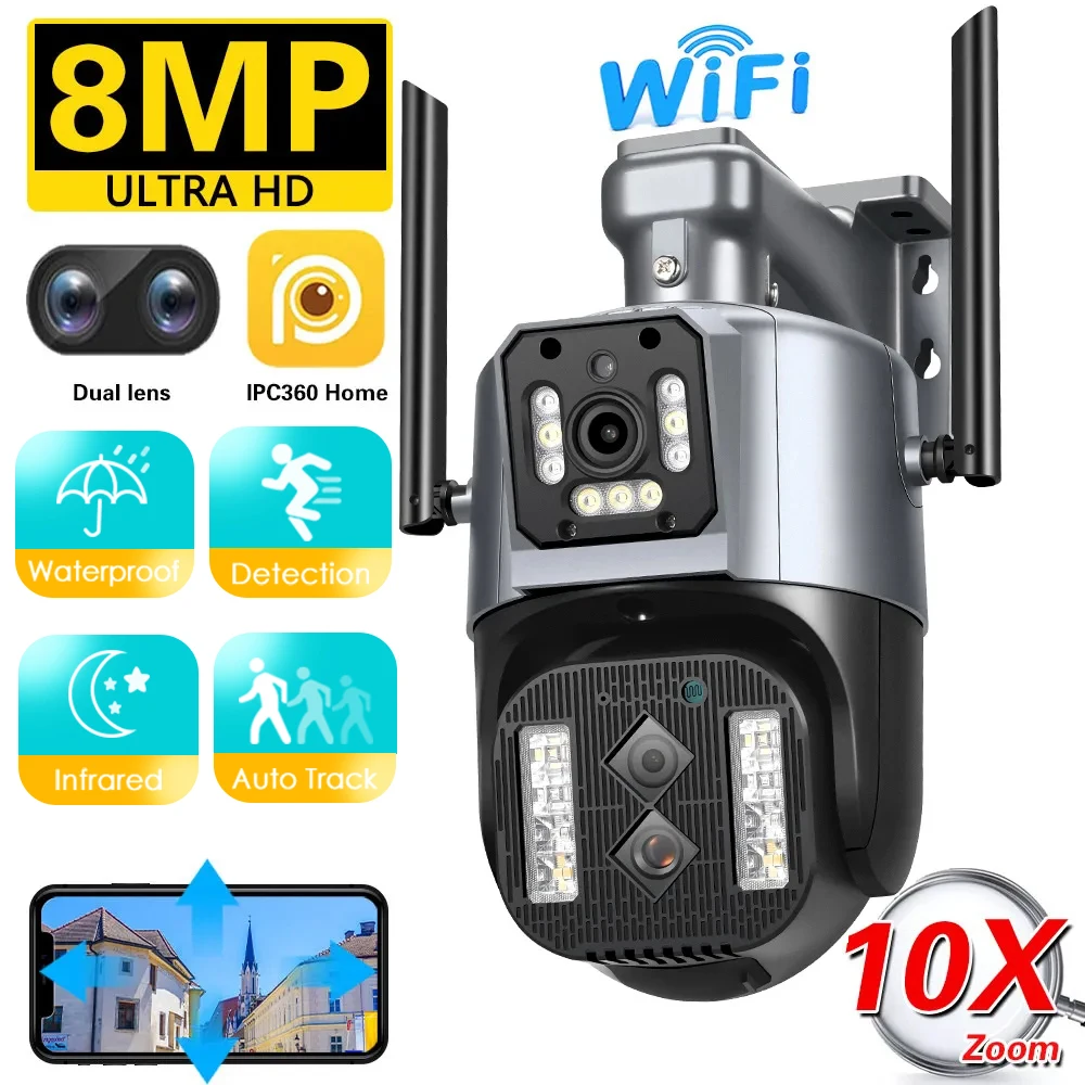 8MP 4K IP Camera Outdoor WiFi PTZ Three Lens Dual Screen 10X Zoom