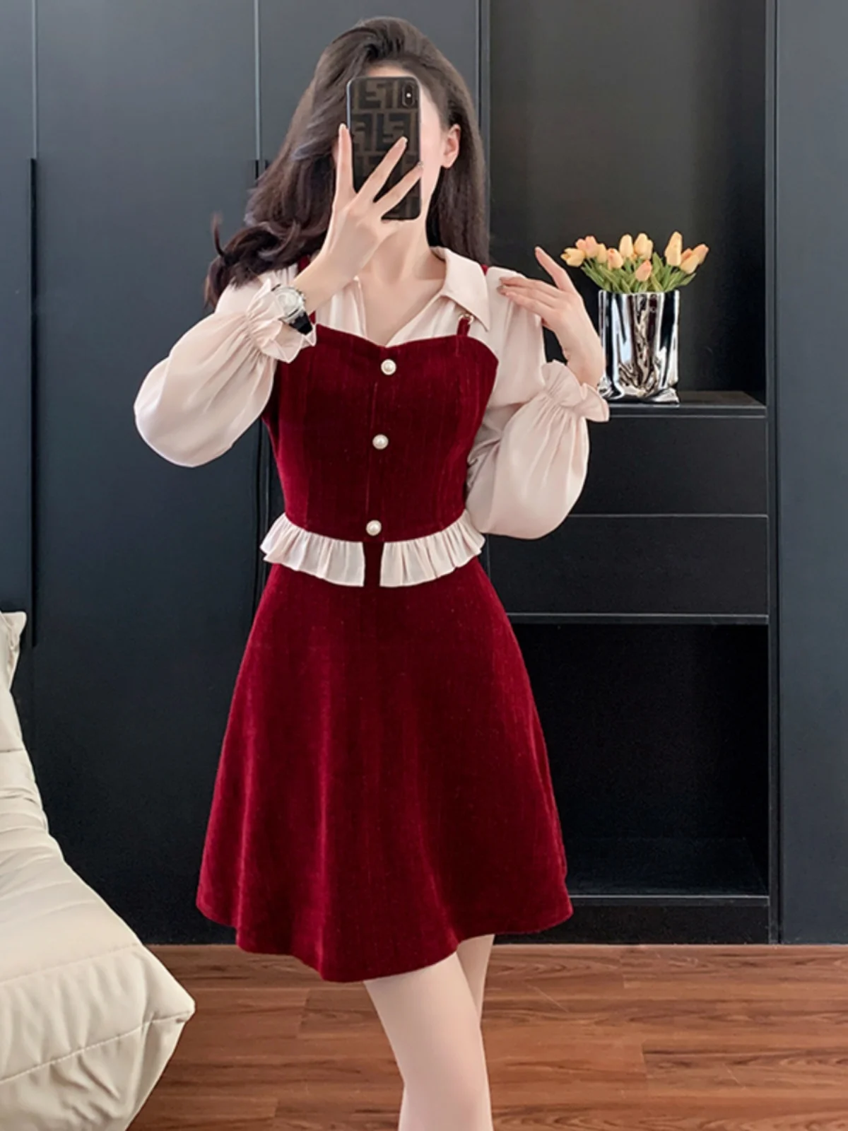 

Autumn/Winter Fashion Satin Shirt Spliced Shoulder Straps Fake Two Pieces Sweet Reduced Age Ruffle Edge Chenille Short Dress