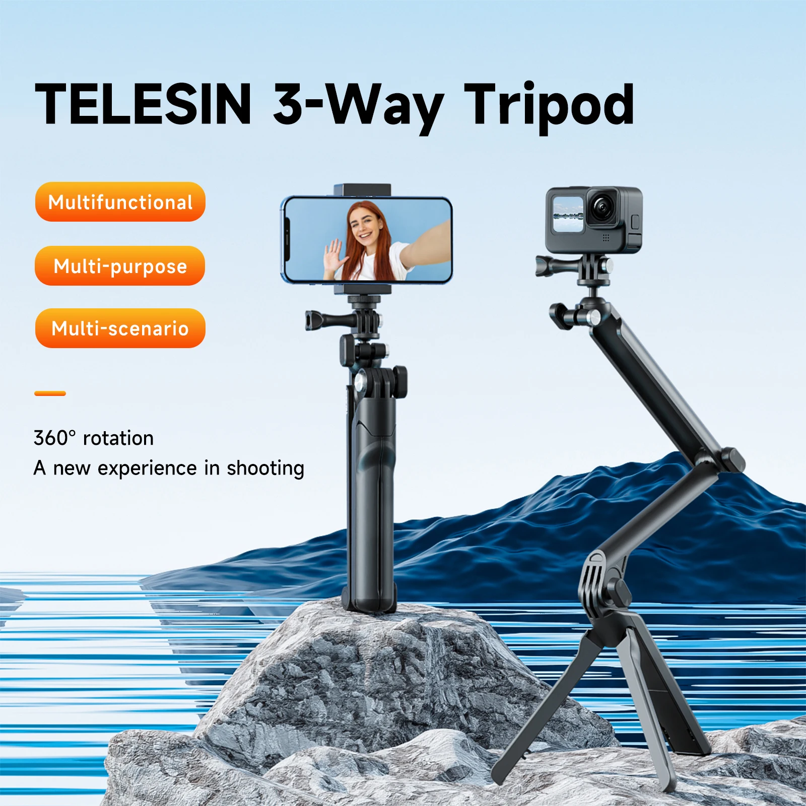 

TELESIN 3 ways Selfie Stick with Tripod Hand Grip Pole for GoPro Hero Insta360 DJI Action Smart Phone Action Camera Accessories