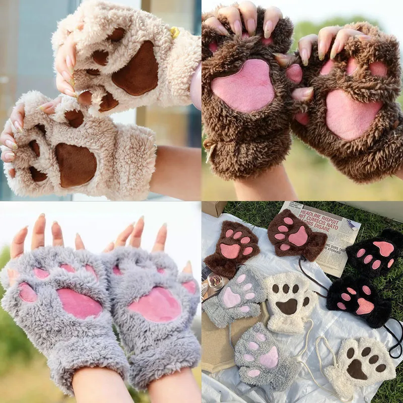 Winter Warm Plush Cat Claw Paw Mittens Fingerless Gloves Soft Fluffy Bear Half Finger Women Gloves Motorcycle Gloves Fingerless