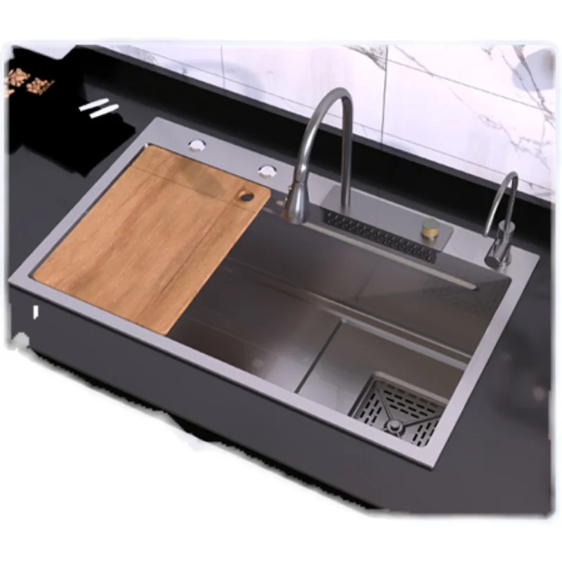 Wyj Kitchen Nano Scullery Gun Gray 304 Stainless Steel Handmade Sink 304 stainless steel thickened sink waterfall large single sink stainless steel vegetable washing basin kitchen nano coating