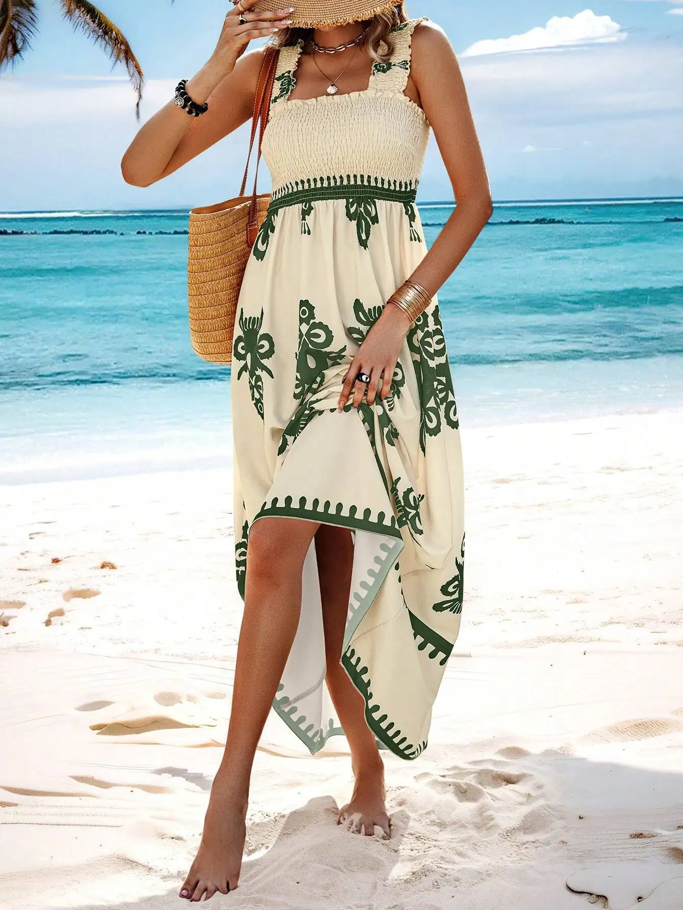 thumbnail image 1 of Vestido largo hasta el tobillo sin mangas con tirantes y cuello de una pieza con estampado de estilo de vacaciones para mujer 2024, 1 of 5