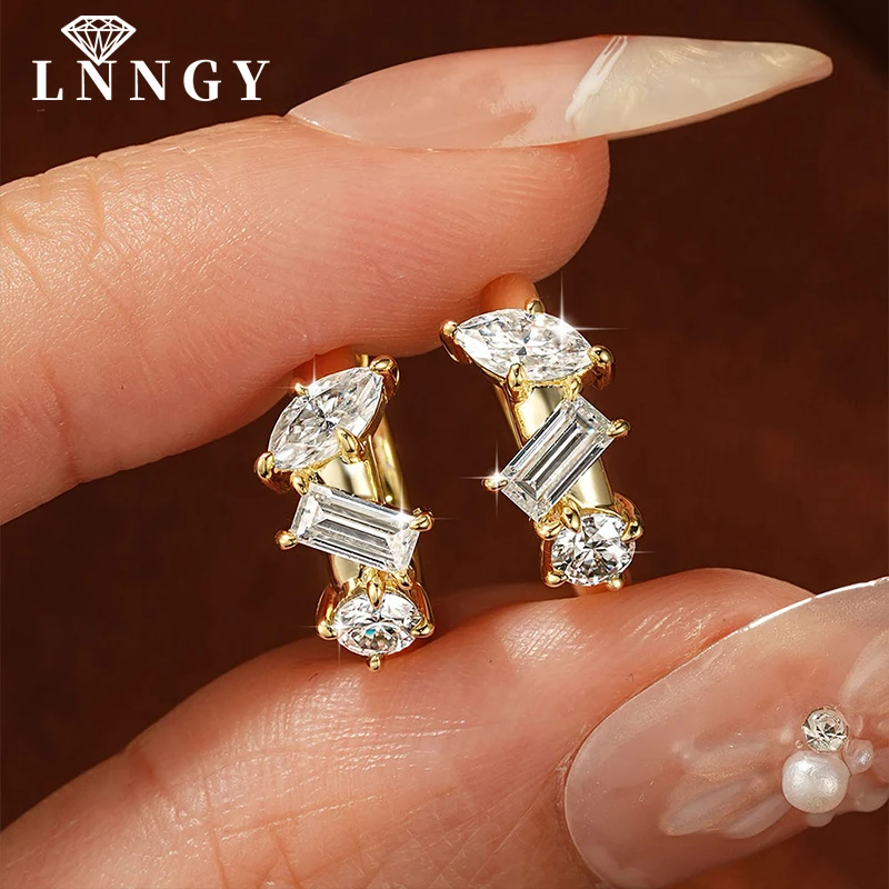 Lnngy Marquise-/rechteckige/runde Moissanit-Creolen-Ohrringe, 14 Karat Gold gefüllt, Ohrringe mit drei Steinen für Frauen, Hochzeitsschmuck