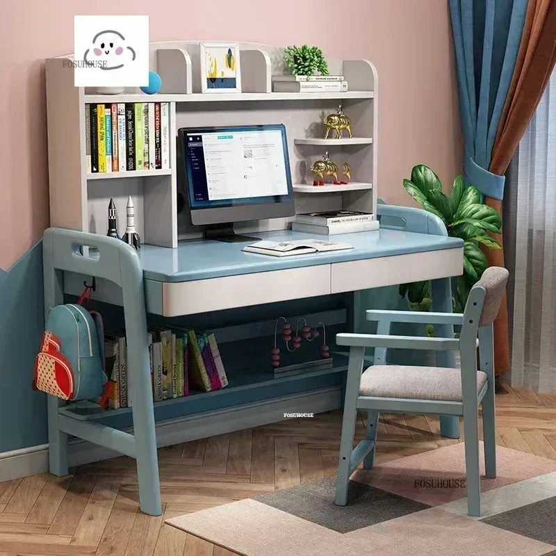Solid Wood Children Tables Learning Desk Simple Integrated Desk and Bookshelf Modern Student Home Bedroom Writing Chair