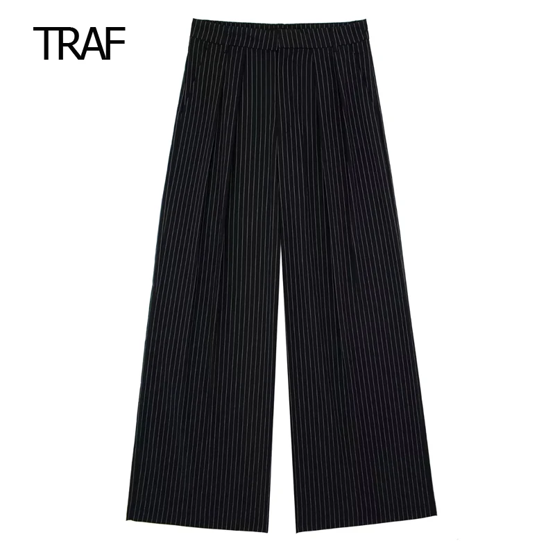 

TRAF Striped High Waist Wide Leg Pants Women Summer 2023 Elegant Baggy Fluid Pantalona Female Trousers Korean Ladies Harem Pants