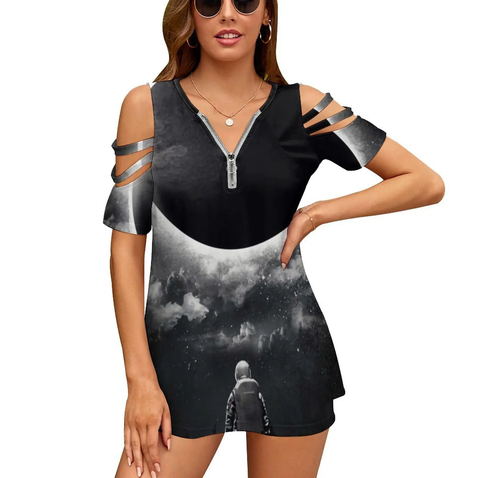 

New Fashion Zip Off Shoulder Top Short-Sleeve Women Shirt Moon Sun Stars Cosmic Astronaut Clouds Space Solar Lunar Star