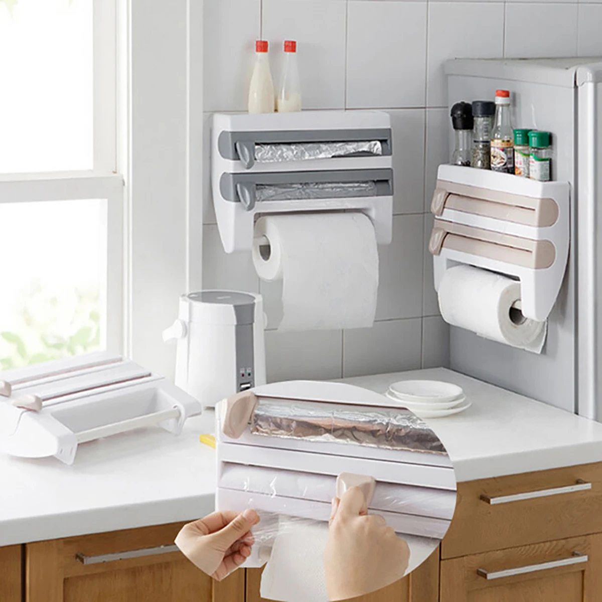 Film Alimentaire Distributeur 3 En 1 - Papier Aluminium, Film étirable Et Essuie-tout Rangement Papier Alu Et Film Alimentaire