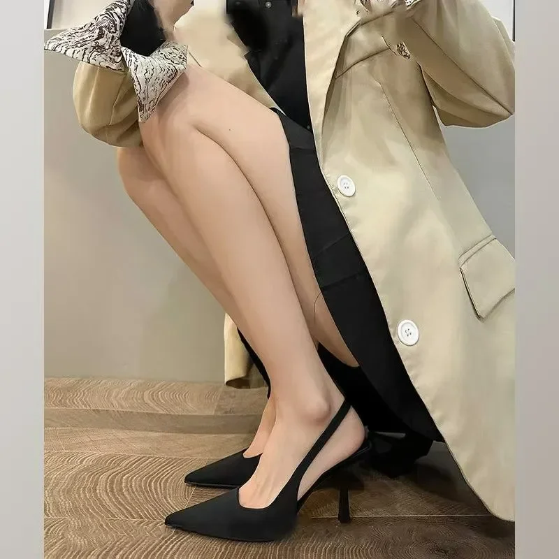 Black Slingback Sandals Women's Spring/Summer Pointed Toe Women's Super High Heels Elegant Shallow Ankle Buckle Design