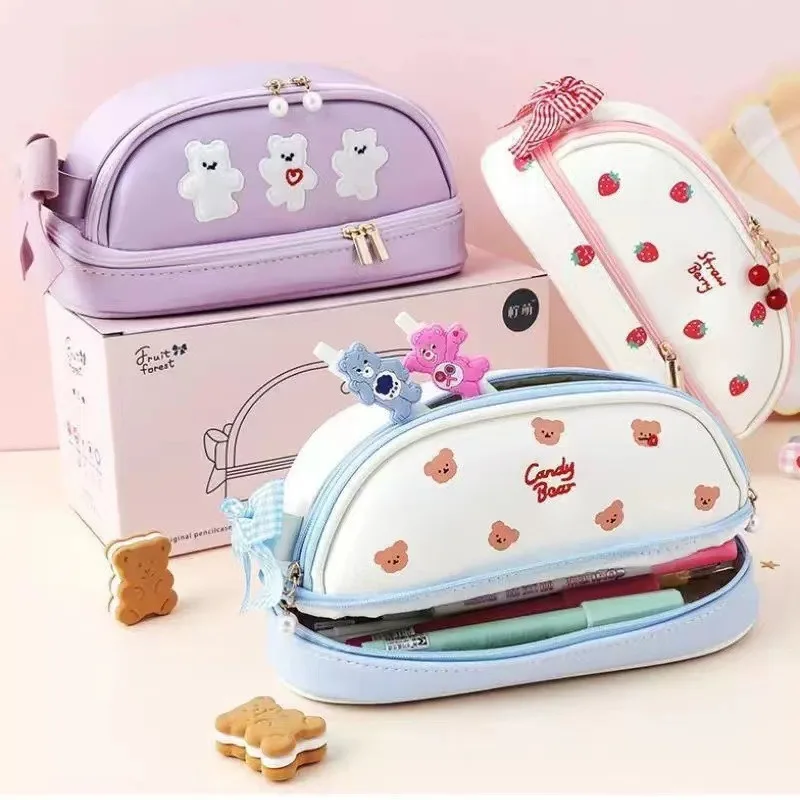 Pink Strawberry Pen Bags Cute Doule Layers Large Capacity Pencil Cases With Bows Designs Ins Style School Stationery Supplies
