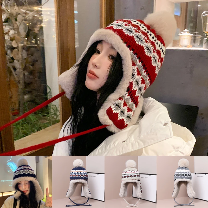 

Men Women Knitted Trapper Earflap Ski Cap New Comfortable Male Female Thick Warm Winter Beanie Hat Fur Pompom Russian Hat