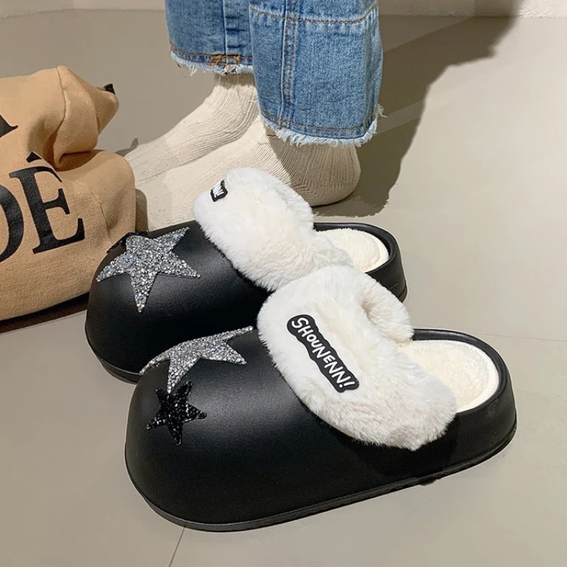 

Unisex Couple Star Platform Chunky Slippers Mules Indoor Outdoor Floor Slippers Women Plush Keep Warm Fleece Winter Slides