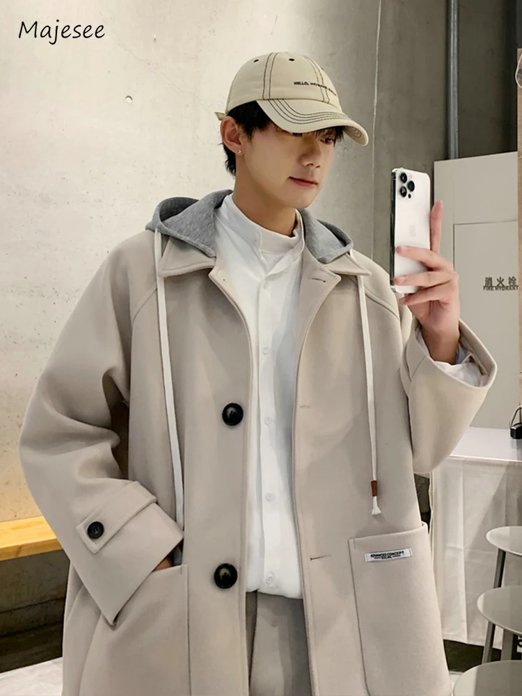 Hooded Blends Men Autumn Windbreaker Big Pockets Baggy Cozy Korean Style Handsome Chic Temperament Advanced Outer Males Clothes