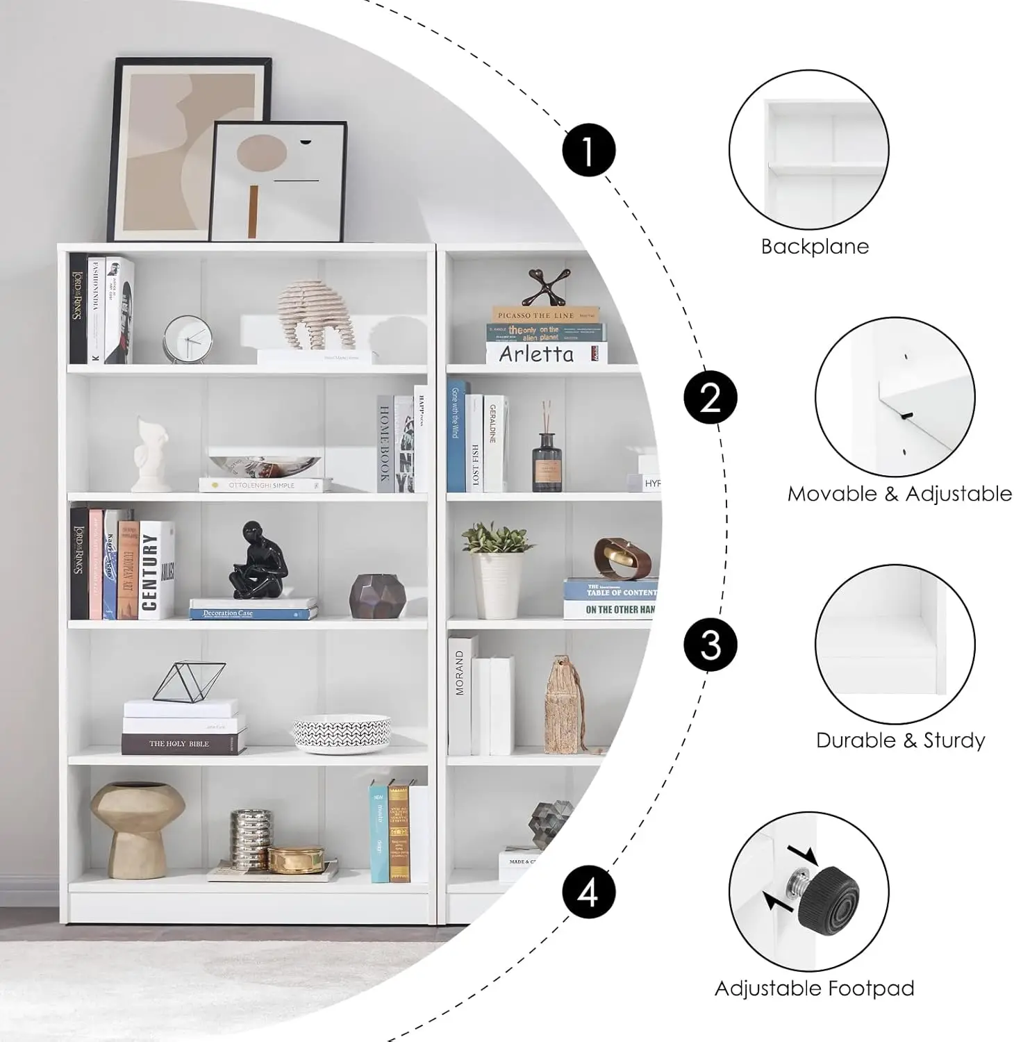 White Bookshelf for Bedroom 5 Shelf Office Bookcase 60 Inches Tall Modern Wood Bookshelf 6