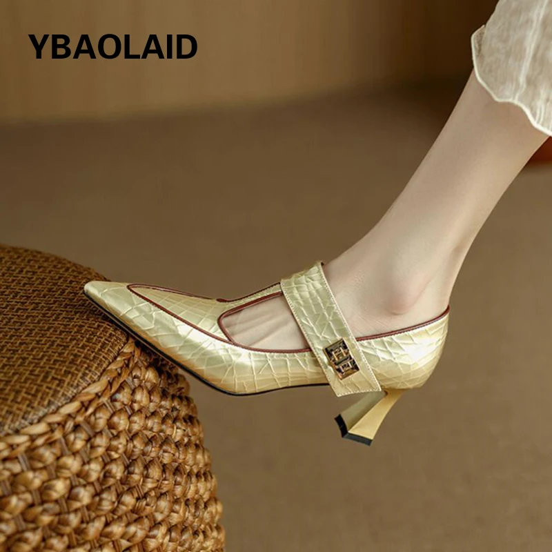 

Franch Style Genuine Leather Women Pumps T Strappy Pointed Toe Thin High Heel Single Shoes Elegant Ladies Daily Work Shoes Gold