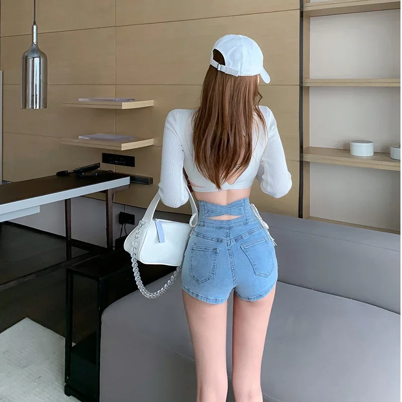 2024 Summer Hollow Out Quality High Waist Tight Female Elastic Short Jeans Sexy Denim Shorts New Women's Slim Fit Shorts Bandage