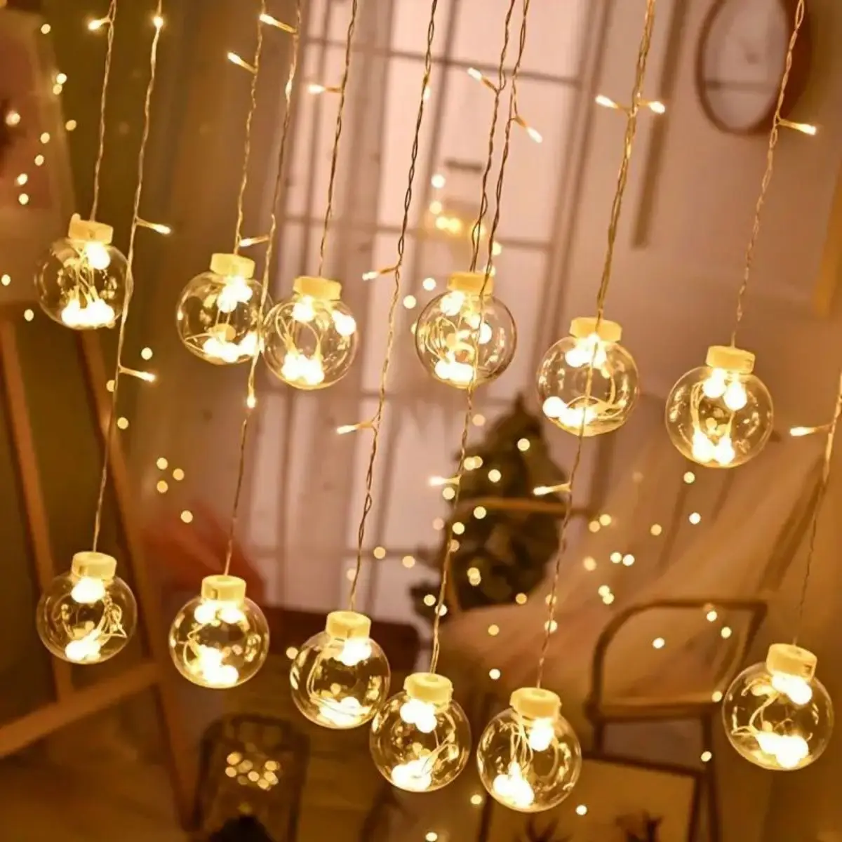1pc Curtain String Lights Full ,Round Crystal Ball String Lights, LED Wishing Ball String Lights, Outdoor Waterproof Lighting,