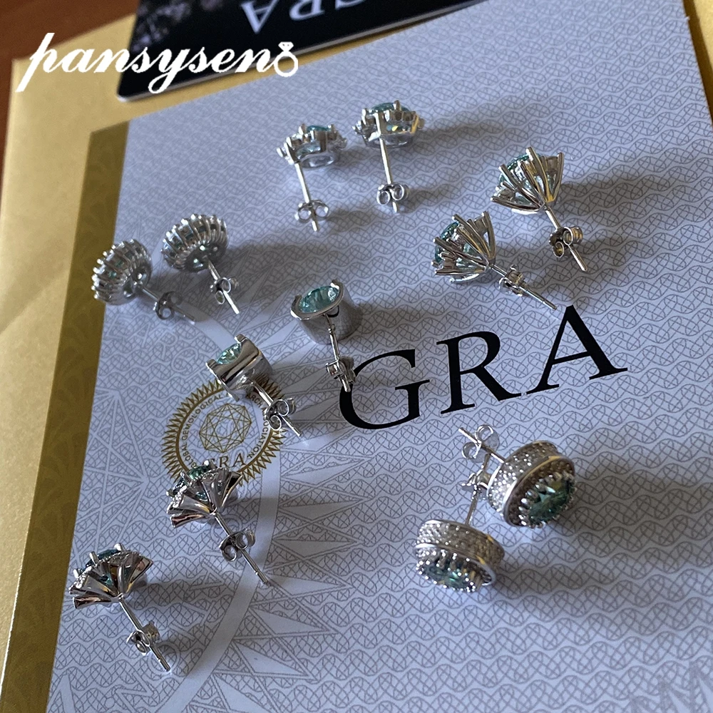 PANSYSEN 진짜 2 캐럿 블루 그린 Moissanite 스터드 귀걸이 여성을위한 최고 품질 100% 스파클링 결혼 선물