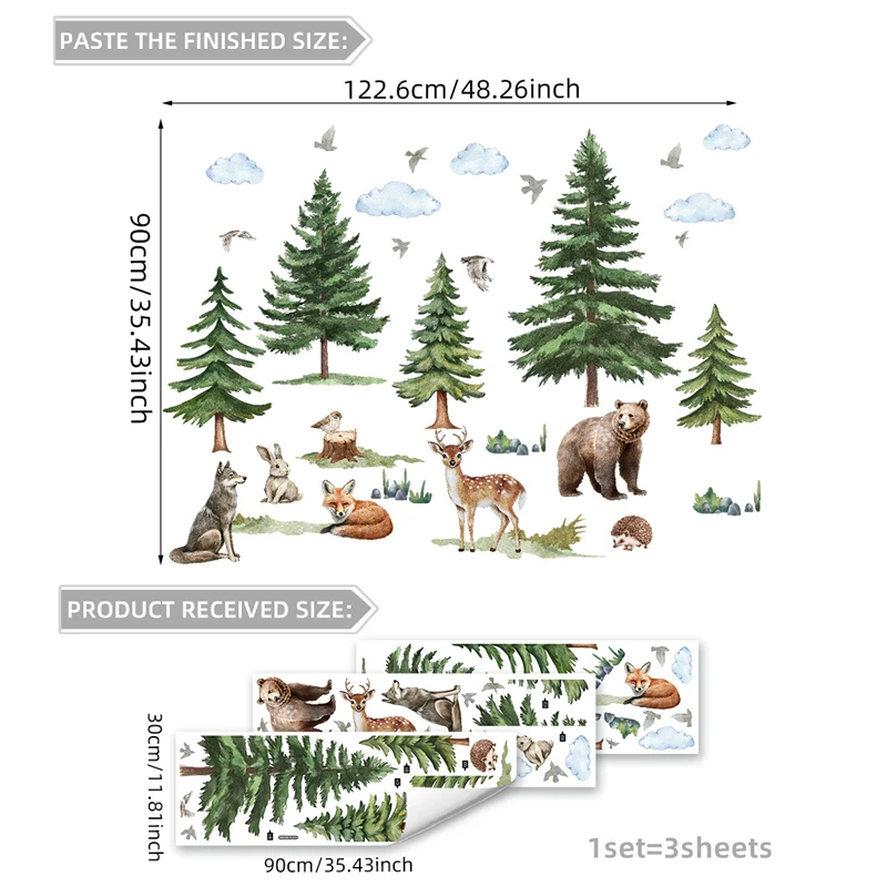 Safari Pine Tree Cartoon Fox Deer Wolf Wall Stickers for Children Bedroom