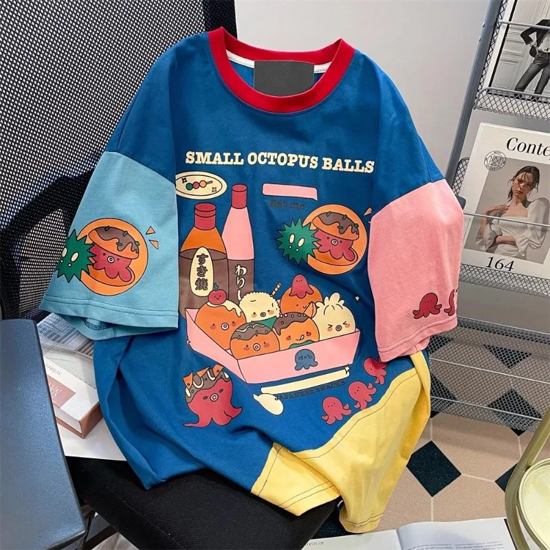 Harajuku Sweet Cartoon Print O-neck T-shirts Y2k E-Girl Patchwork Short Sleeve Tee Shirt Summer New Loose Tops Women Japanese 2