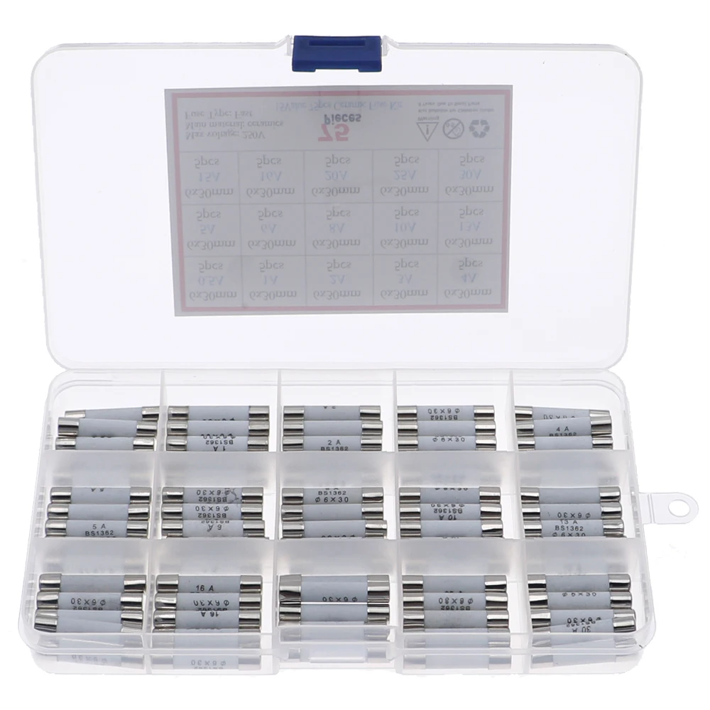 75pcs 6mm x 30mm 250V Fast Blow Ceramic Fuse Assortment Mixed Box kit 0.5A 1A 2A 3A 4A 5A 6A 8A 10A 13A 15A 16A 20A 25A 30A