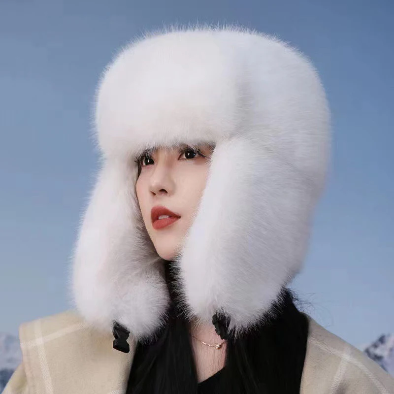 Winter Plush Faux Fur Hat for Women Thick Fluffy Ear Protection Cap Windproof Warm Headgear Bomber Hat Female Panama Russian Cap 2