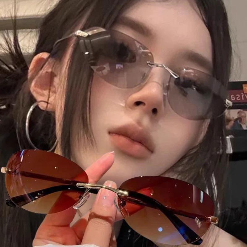 Fashion Luxury Small Frame Oval Rimless Cat Eye Sunglasses Vintage Y2K Sun Glasses UV400 Gradient Shades Eyewear for Women Men