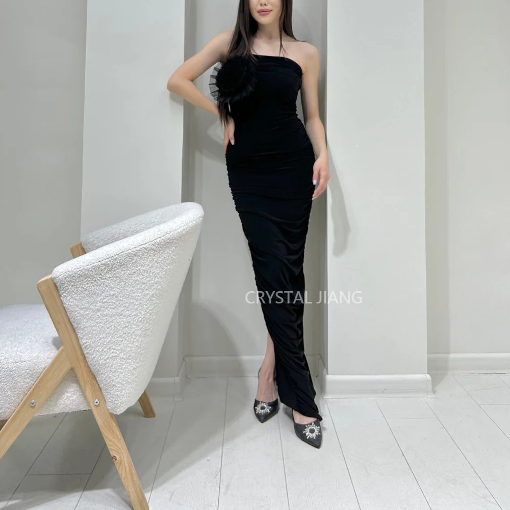 

Classic Long Black Strapless Spandex Evening Dresses Sleeveless with Handmade Flowers Mermaid Slit Floor Length Vestido Festa