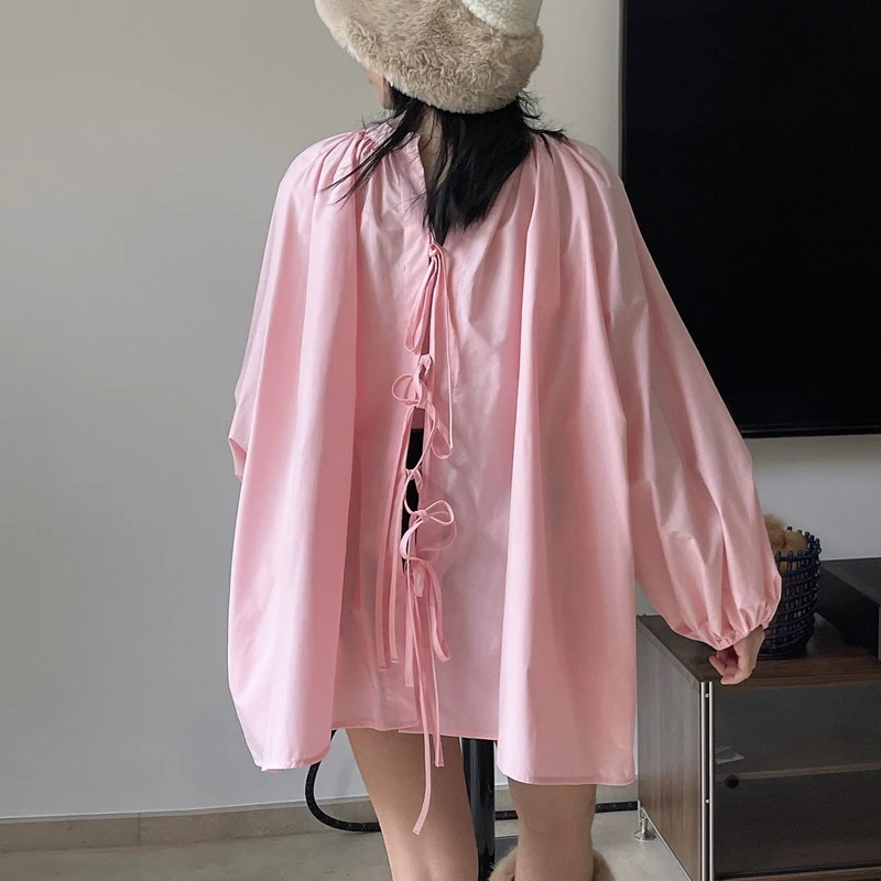 

Johnature Cotton Women Long Shirts 2024 Spring Summer New Korean Lantern Sleeve Hollow Out Tie All Match Female Blouses