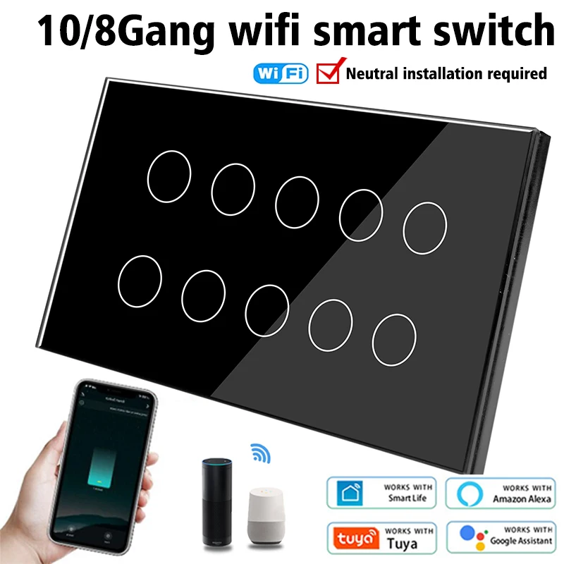 WIFI สมาร์ท Touch Light Wall สวิทช์แผงกระจก 8/10 Gang 147*86 มม.ทํางาน Tuya APP ทั้งบ้านอัจฉริยะควบคุม 1