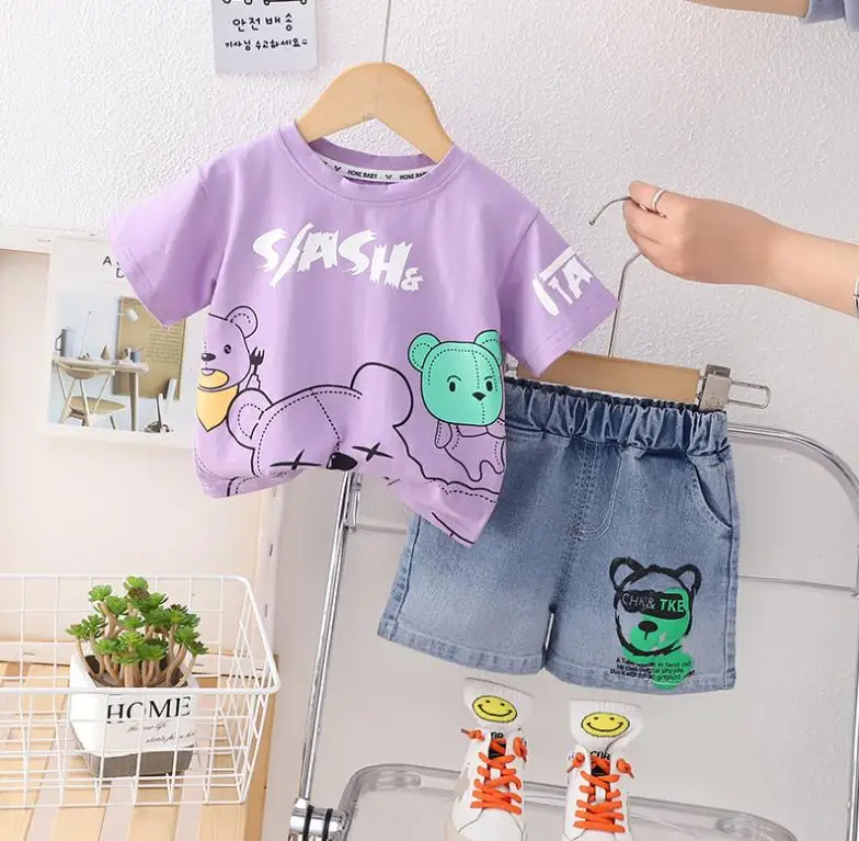 

Toddler Summer baby Outfit Korean Style Boys Cartoon print bear pullover T-shirts and shorts for Children Clothes Kids Tracksuit