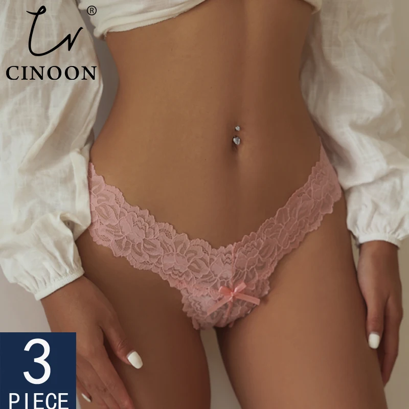 

CINOON 3 Pcs/Lot Lace Embroidery Panties Women Sexy G String Thong Low-Waist Underwear Soft Comfort T-Back Transparent Knickers