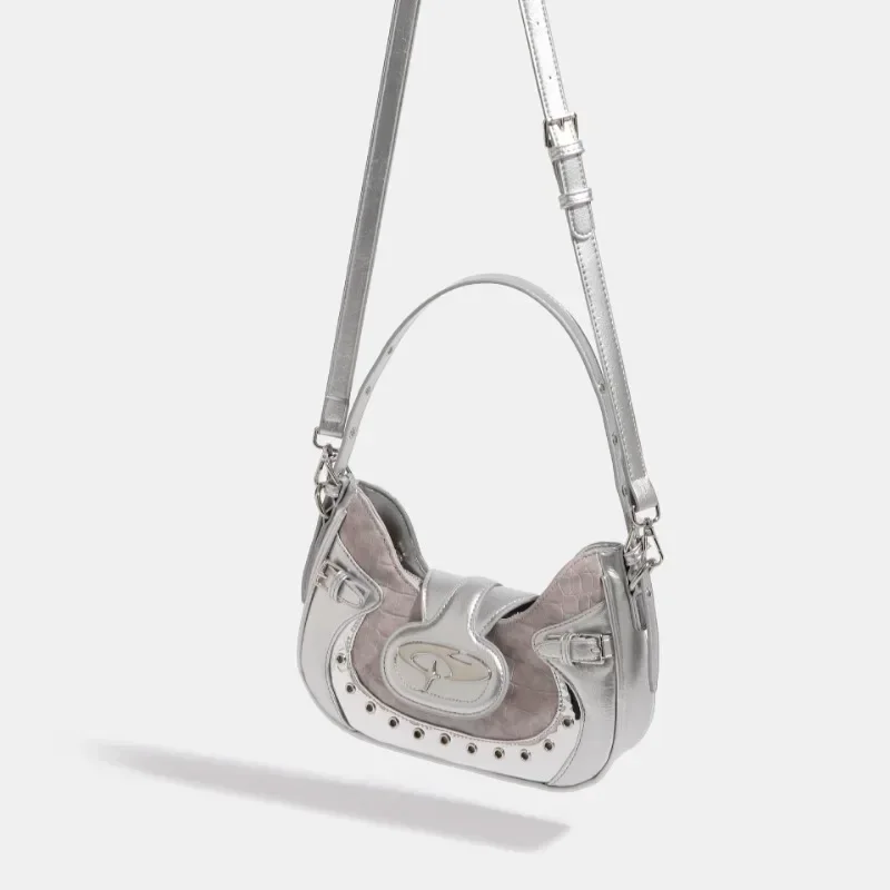MBTI Y2k Womens Shoulder Bag Gothic Silver Patchwork Harajuku Fashion Handbag Niche Designer Casual Cool Female Motorcycle Bag