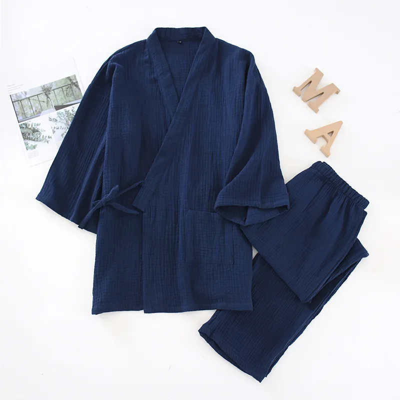Men Women Japanese Yukata Kimono Pajamas Shirt Trousers Set Tracksuit Cotton Loose Fit Summer