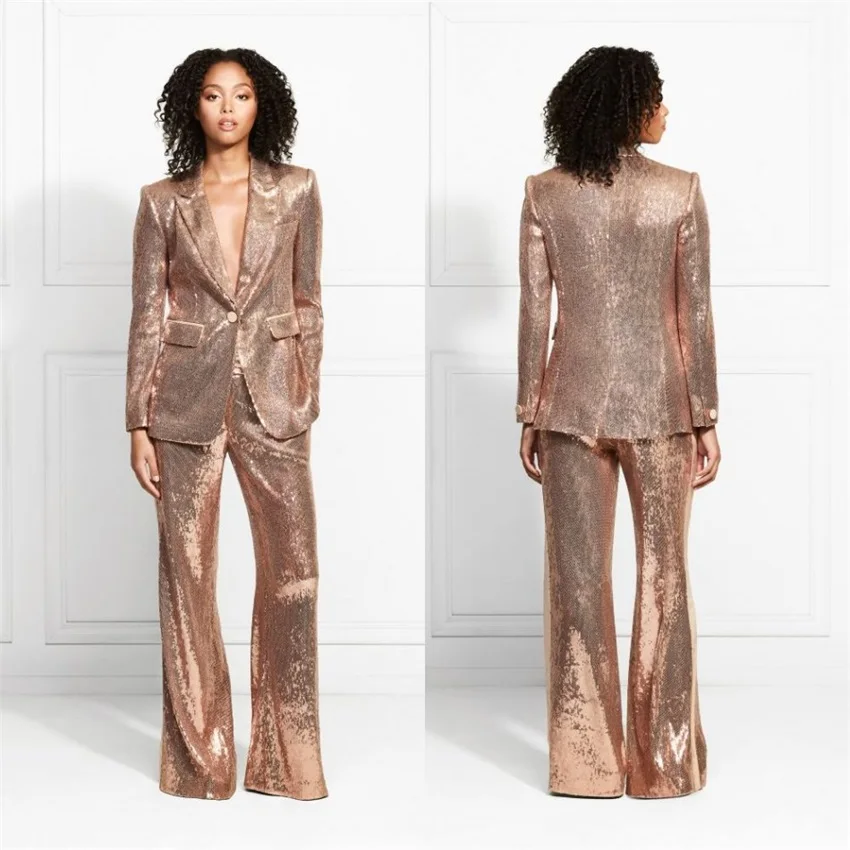

Designer Gold Women Suits 2 Pieces Office Sets Sequins Wedding Party Prom Dresses Formal Bussiness Blazer+Pants Custom Made