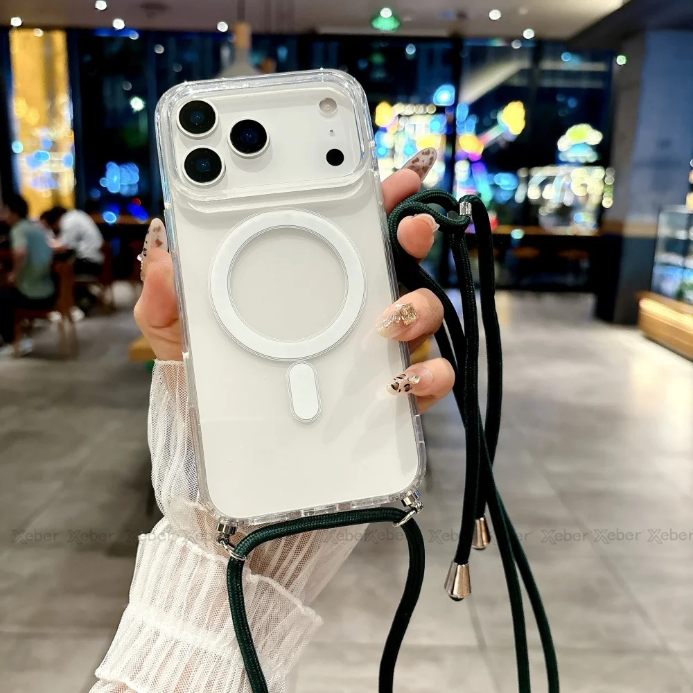 Clear Crossbody Lanyard Necklace Case with Magnetic Wireless Charging Cover