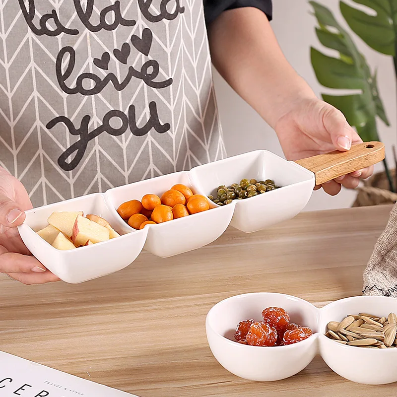 Ins New Nordic Creative Home Ceramic Bowl with Wooden Handle Divided Snack Plate Dried Fruit Plate Candy Placement Plate
