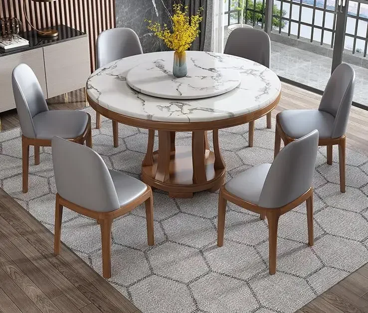 

Nordic marble round dining table and chair combination simple and light luxury rotating dining table with turntable