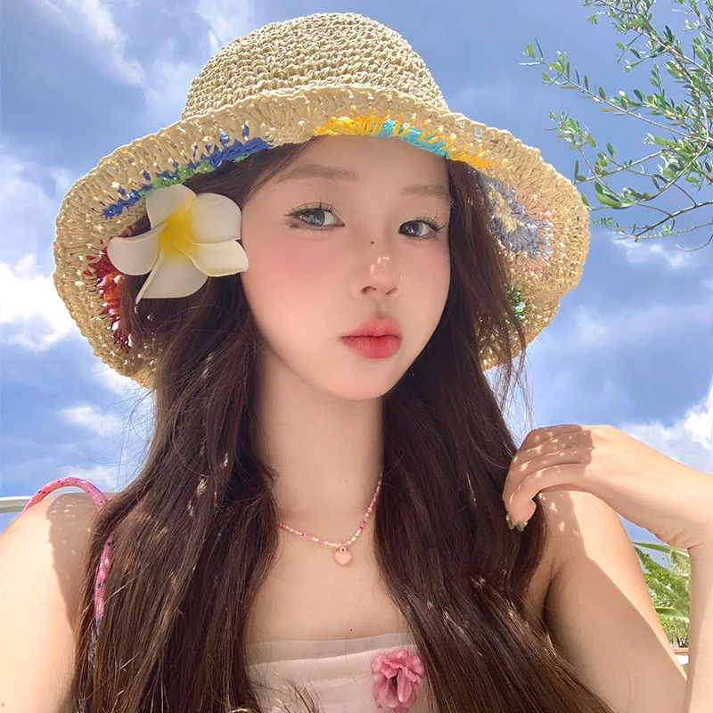 

Korean Version of Summer Sunshade French Flower Hollow Woven Straw Hat Women's Sun Protection Seaside Beach Vacation Sun Cap