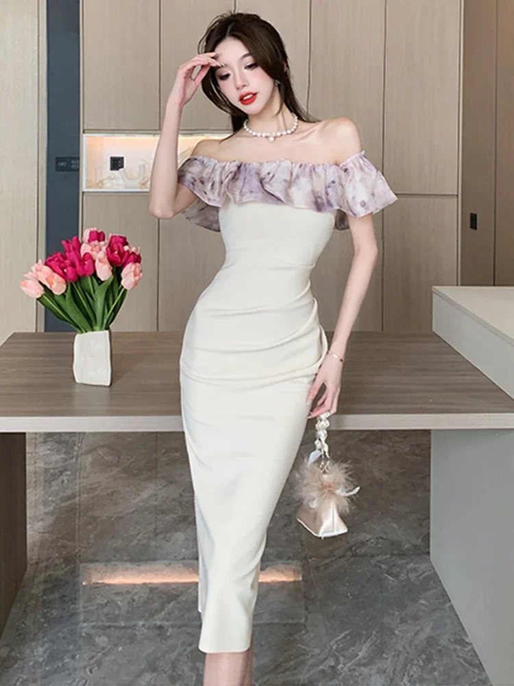 

Sexy Backless Off Shoulder Midi Dresses for Women 2024 Summer New Korean Slim Folds Ruffled Prom Party Vestidos Female Clothes