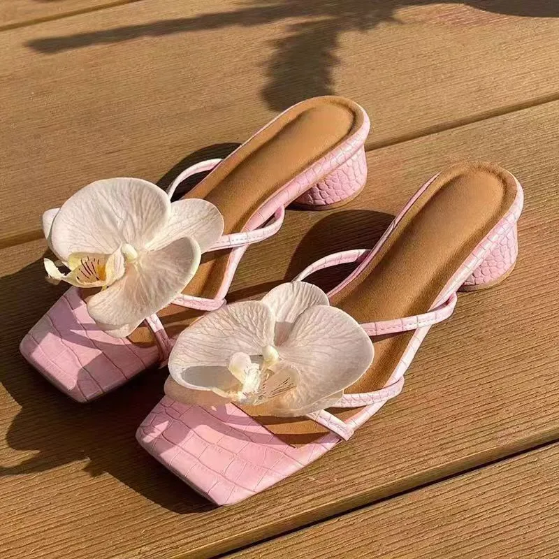 Brand Shoes Female 2025 Summer New Elegant Flowers Design Women's Slippers Casual Fashionable Outer Wear High Heel Slides Women