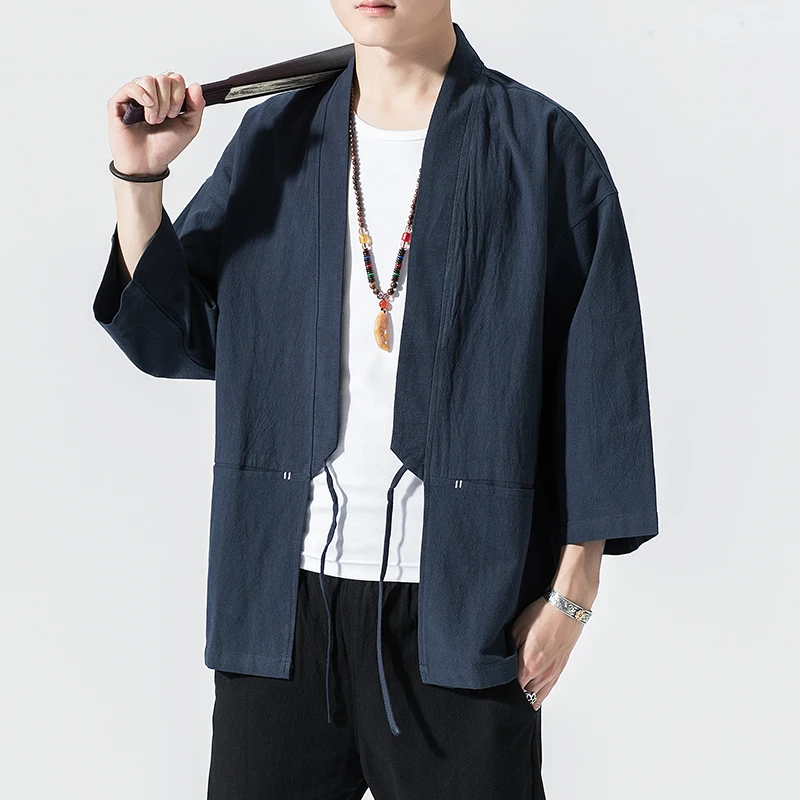 

Summer Mens Kimono Jackets Cardigan Lightweight Casual Cotton Blends Linen Seven Sleeves Open Front Hanfu Coat