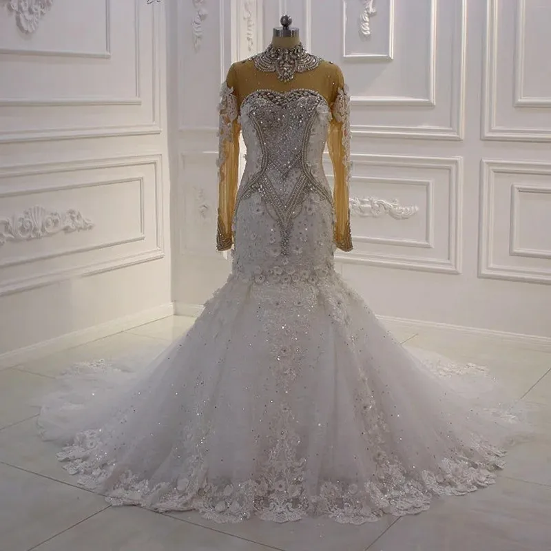

Newest Heavy Crystals Beads Luxury Wedding Gown Vestidos De Novia 3 D Appliques Mermaid Illusion Full Sleeves Bridal Gowns